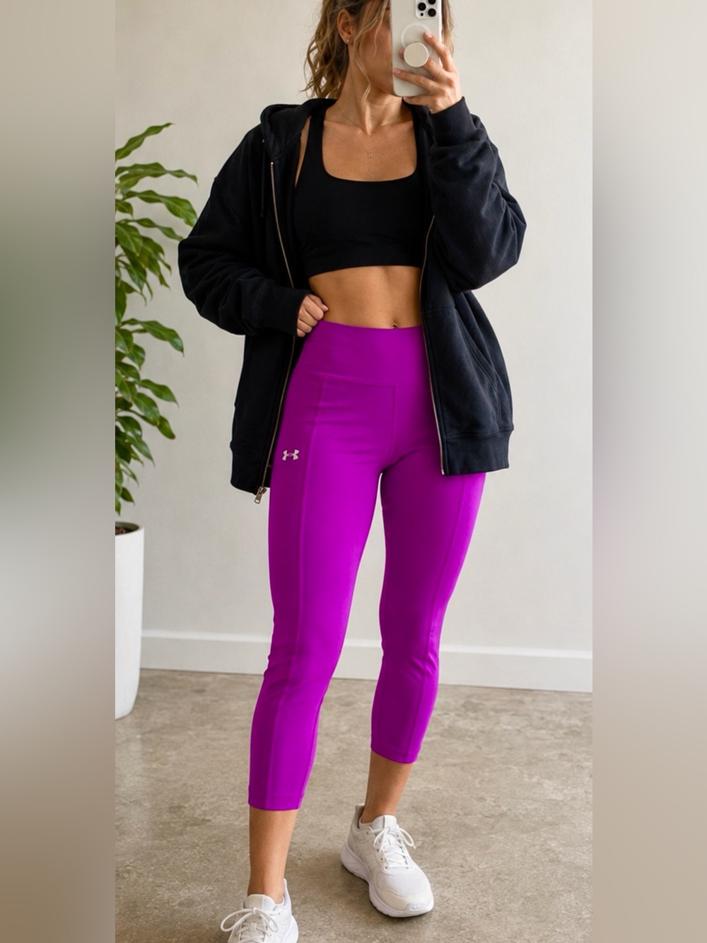 Under Armour Electric Violet Compression Crop Leggings Ribbed Panels Large